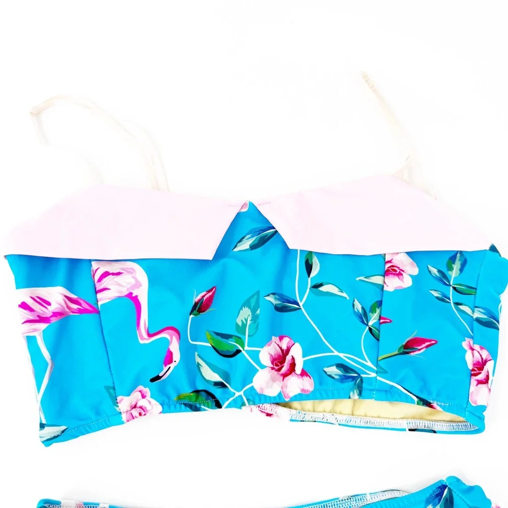 Red Dolly Swimwear‎ Blue Pink Flamingo Floral Retro Skirted Two Piece Swimsuit M